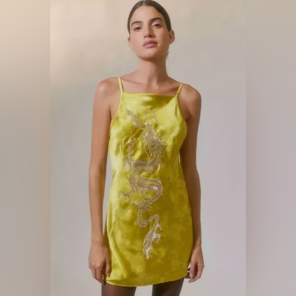 Urban Outfitters Dresses & Skirts - Urban Outfitters Lime Green Satin Mini Dress with Beaded Dragon